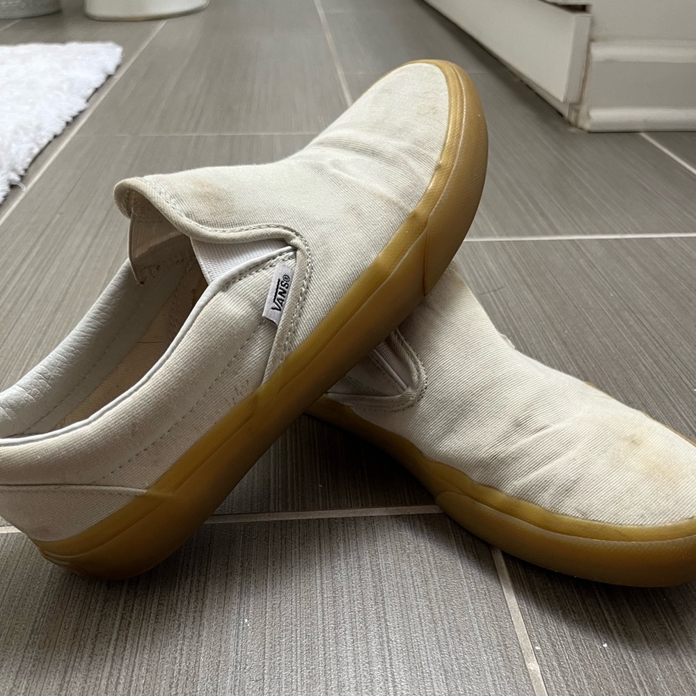 Minty/tan slip on vans